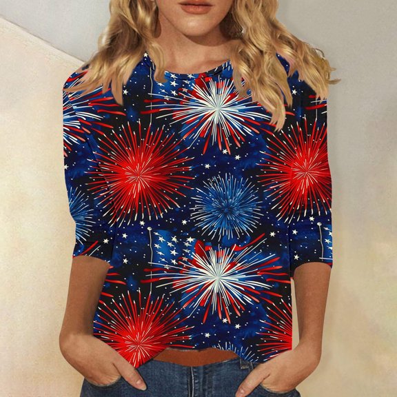 Cavosen Red White and Blue Shirts for Women Petite Patriotic 3/4 Sleeve Crewneck Tops USA Flag Print T Shirts Lady XL Independence Day Casual Shirts 4th of July Tunic Tees 2025 Patriotic Outfits