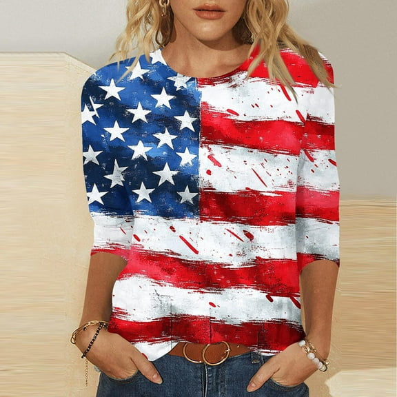Cavosen Red White and Blue Shirts for Women Petite Patriotic 3/4 Sleeve Round Neck Shirts USA Star Striped Print Shirts Lady S Independence Day Casual Tops 4th of July Tunic Tees Patriotic Blouses