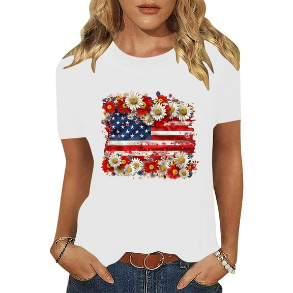 Cavosen Red White and Blue Shirts for Women Petite Patriotic Short Sleeve Round Neck Shirts USA Flag Print Shirts Lady M Independence Day Casual Tops 4th of July Tunic Tees 2025 Patriotic Blouses