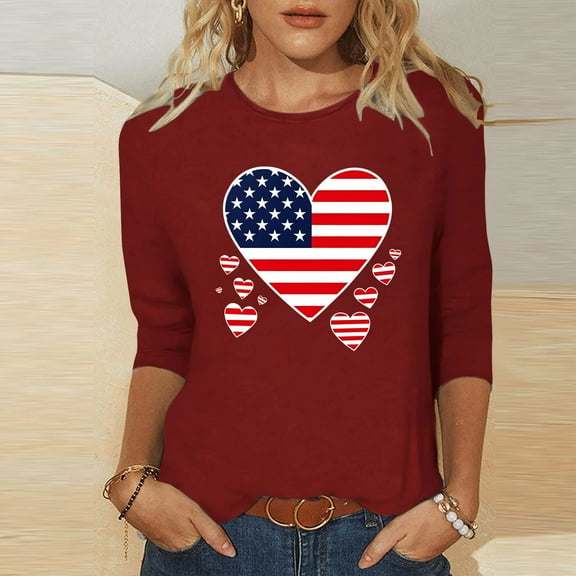 Cavosen Red White and Blue Shirts for Women Plus Size 4th of July 3/4 Sleeve Crew Neck Tops USA Flag Print T Shirts Lady 2X Red White and Blue Casual Shirts Patriotic Tunic Tees Patriotic Outfits