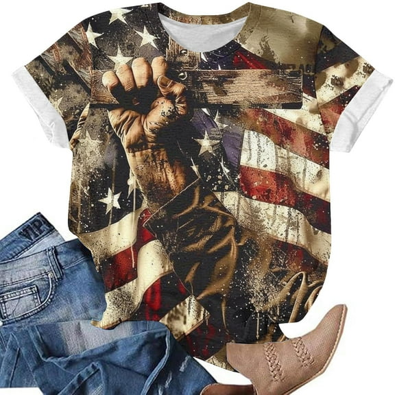 Cavosen Red White and Blue Shirts for Women Plus Size 4th of July Short Sleeve Crewneck Tops American Flag Print T Shirts Lady 4X Red White and Blue Casual Shirts Patriotic Tunic Tees