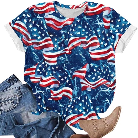 Cavosen Red White and Blue Shirts for Women Plus Size 4th of July Short Sleeve Round Neck Shirts USA Flag Print Shirts Lady 4X Red White and Blue Casual Tops Patriotic Tunic Tees Patriotic Blouses