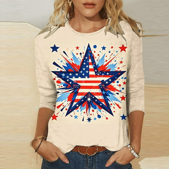 Cavosen Red White and Blue Shirts for Women Plus Size Red White and Blue 3/4 Sleeve Crew Neck T Shirts American Flag Graphic Shirts Lady 5X Patriotic Casual Shirts Independence Day Tunic Tees