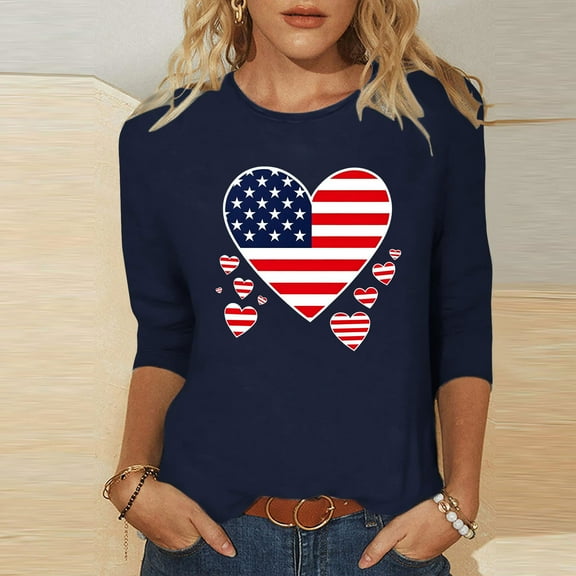 Cavosen Red White and Blue T Shirts Women Petite 4th of July 3/4 Sleeve Crewneck Shirts USA Star Striped Print Shirts Lady L Red White and Blue Casual Tops Patriotic Tunic Tees Patriotic Blouses