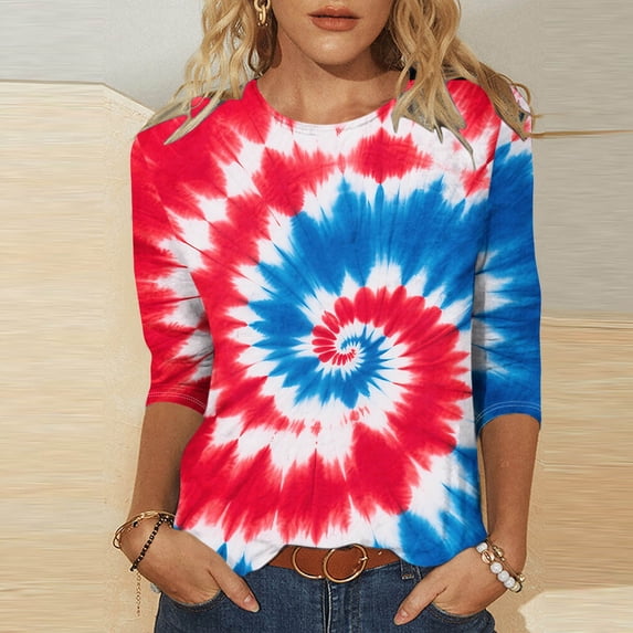 Cavosen Red White and Blue T Shirts Women Petite 4th of July 3/4 Sleeve Crewneck Tops USA Star Striped Print T Shirts Lady XL Red White and Blue Casual Tops Patriotic Tunic Tees Patriotic Clothes