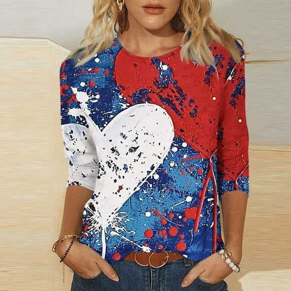 Cavosen Red White and Blue T Shirts Women Petite Independence Day 3/4 Sleeve Crew Neck Shirts USA Star Striped Graphic Tops Lady XL 4th of July Casual T Shirts Red White and Blue Tunic Tees