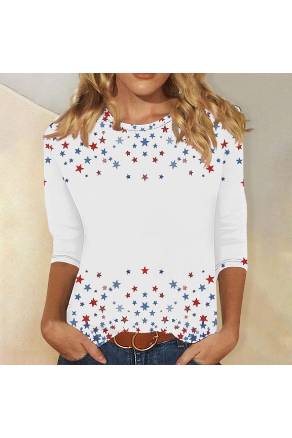 Red White and Blue T Shirts Women Petite Independence Day 3/4 Sleeve Round Neck T Shirts USA Star Striped Graphic Tops Lady XL 4th of July Casual T Shirts Red White and Blue Tunic Tees