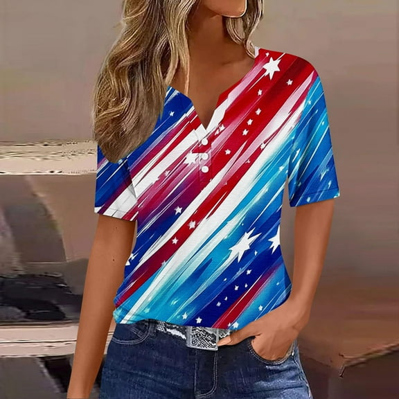 Cavosen Red White and Blue T Shirts Women Petite Independence Day Short Sleeve V Neck T Shirts USA Star Striped Graphic Tops Lady XL 4th of July Casual T Shirts Red White and Blue Tunic Tees