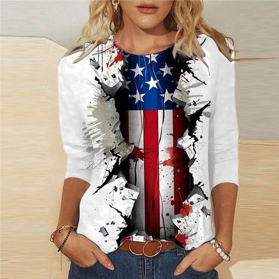 Cavosen Red White and Blue T Shirts Women Petite Patriotic 3/4 Sleeve Round Neck Tops American Flag Print T Shirts Lady XL Independence Day Casual Tops 4th of July Tunic Tees 2025 Patriotic Clothes