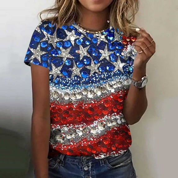 Cavosen Red White and Blue T Shirts Women Petite Patriotic Short Sleeve Crewneck Tops USA Flag Print T Shirts Lady XL Independence Day Casual Shirts 4th of July Tunic Tees 2025 Patriotic Outfits