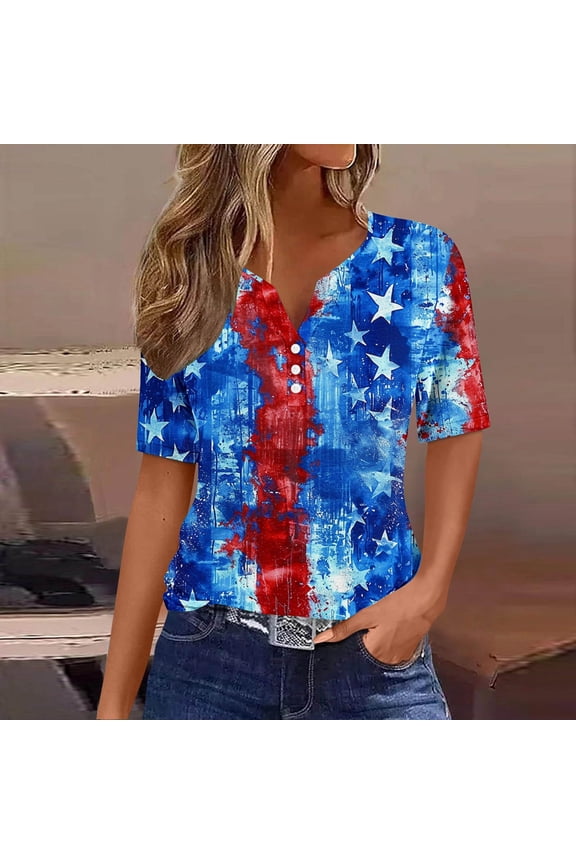 Red White and Blue T Shirts Women Petite Patriotic Short Sleeve V-Neck Shirts American Flag Print Shirts Lady M Independence Day Casual Tops 4th of July Tunic Tees 2025 Patriotic Blouses