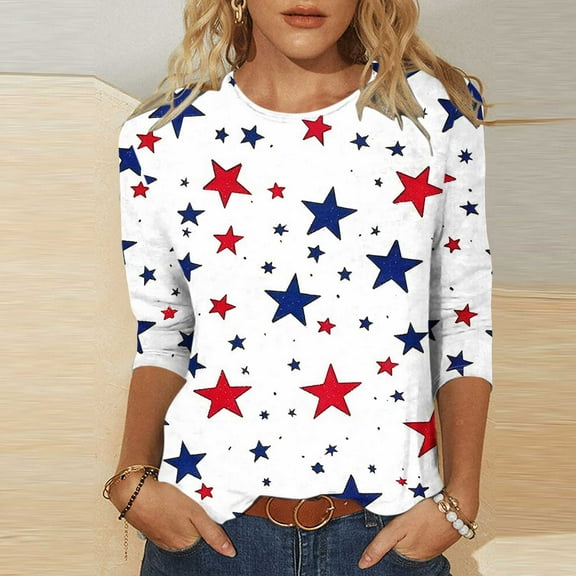 Cavosen Red White and Blue T Shirts Women Petite Red White and Blue 3/4 Sleeve Crewneck T Shirts American Flag Graphic Shirts Lady L Patriotic Casual Shirts Independence Day Tunic Tees