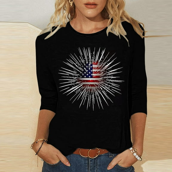 Cavosen Red White and Blue T Shirts Women Plus Size 4th of July 3/4 Sleeve Round Neck Shirts American Flag Print Shirts Lady 2X Red White and Blue Casual Tops Patriotic Tunic Tees Patriotic Blouses
