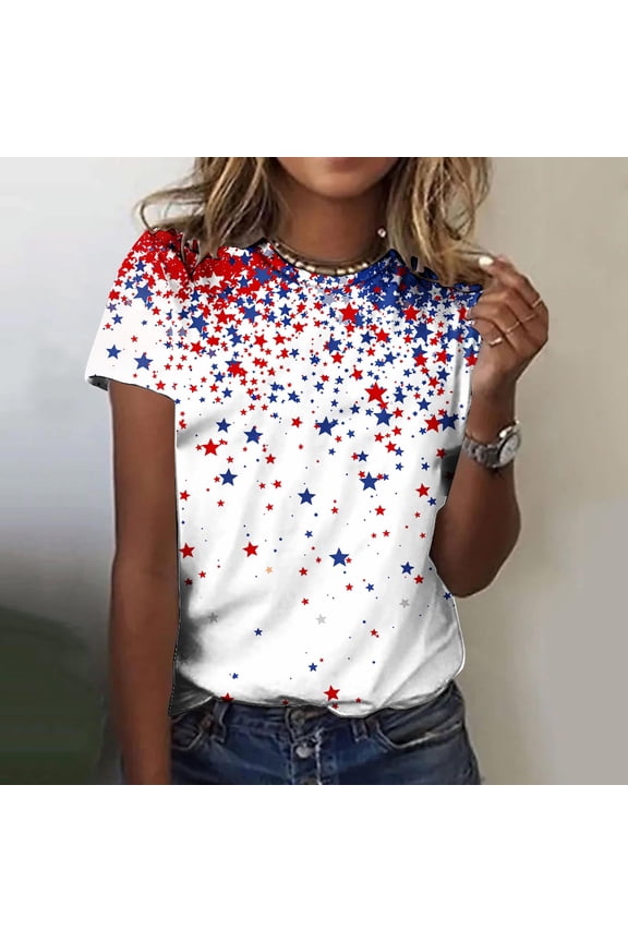 Red White and Blue T Shirts Women Plus Size Independence Day Short Sleeve Crewneck T Shirts American Flag Graphic Tops Lady 2X 4th of July Casual T Shirts Red White and Blue Tunic Tees