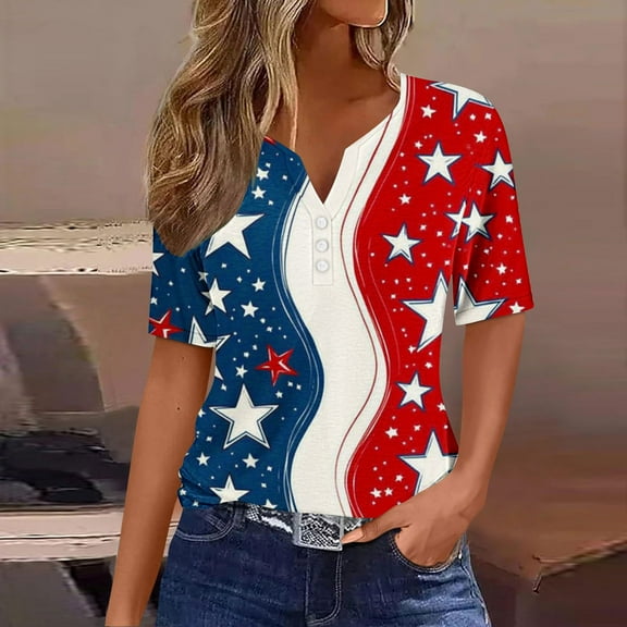 Cavosen Red White and Blue T Shirts Women Plus Size Independence Day Short Sleeve V Neck T Shirts USA Star Striped Graphic Shirts Lady 2X 4th of July Casual Shirts Red White and Blue Tunic Tees