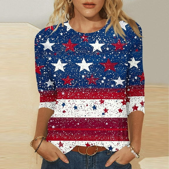 Cavosen Red White and Blue T Shirts Women Plus Size Patriotic 3/4 Sleeve Crew Neck Tops American Flag Print T Shirts Lady 3X Independence Day Casual Tops 4th of July Tunic Tees Patriotic Clothes