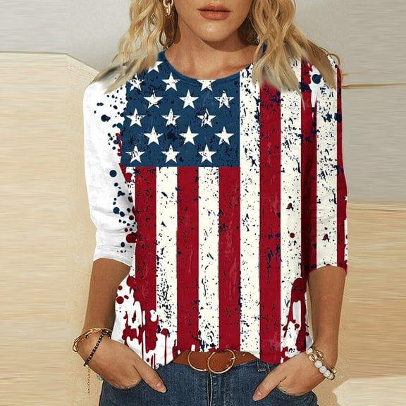 Cavosen Red White and Blue T Shirts Women Plus Size Red White and Blue 3/4 Sleeve Crewneck T Shirts USA Flag Graphic Tops Lady 2X Patriotic Casual T Shirts Independence Day Tunic Tees