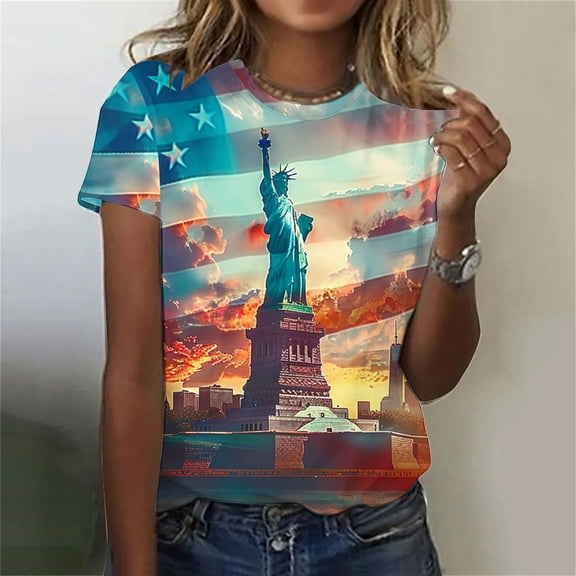 Cavosen Red White and Blue T Shirts Women Plus Size Red White and Blue Short Sleeve Round Neck T Shirts American Flag Graphic Tops Lady 2X Patriotic Casual T Shirts Independence Day Tunic Tees
