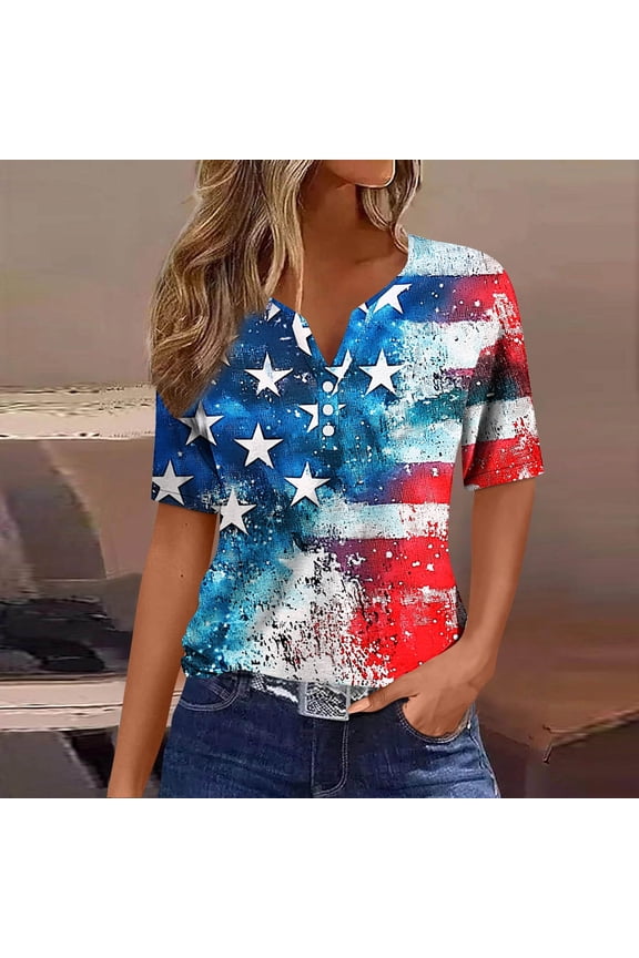 Red White and Blue T Shirts Women Plus Size Red White and Blue Short Sleeve V Neck T Shirts American Flag Graphic Shirts Lady 3X Patriotic Casual Shirts Independence Day Tunic Tees