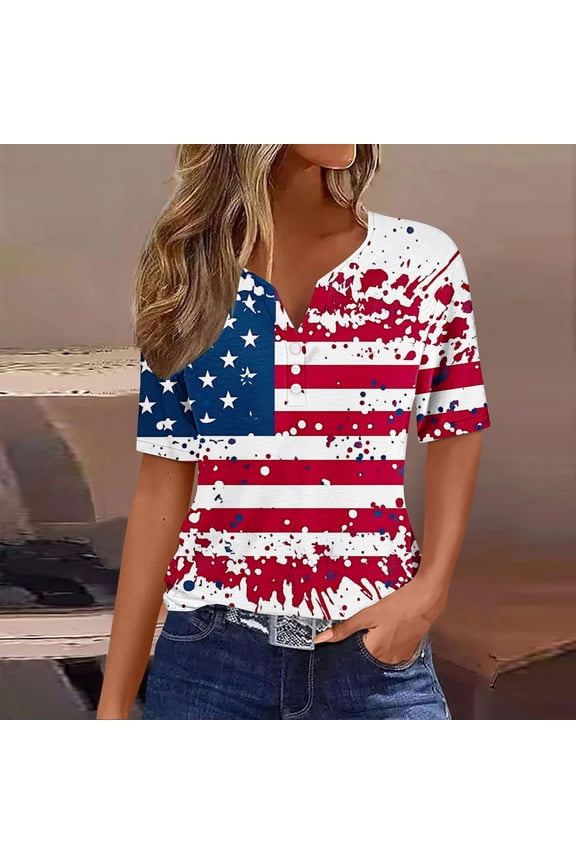 Red White and Blue T Shirts Women Plus Size Red White and Blue Short Sleeve V Neck T Shirts USA Flag Graphic Shirts Lady 2X Patriotic Casual Shirts Independence Day Tunic Tees