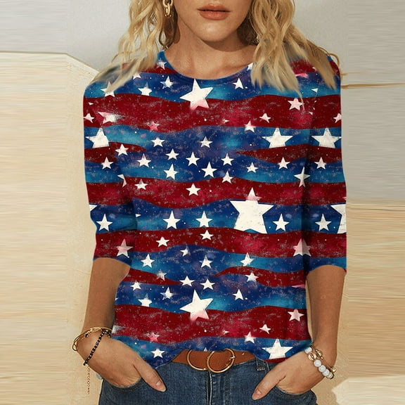 Cavosen Red White and Blue Tops for Women Petite 4th of July 3/4 Sleeve Crew Neck Tops American Flag Print T Shirts Lady M Red White and Blue Casual Tops Patriotic Tunic Tees 2025 Patriotic Clothes