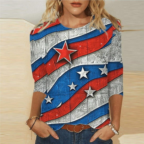 Cavosen Red White and Blue Tops for Women Petite 4th of July 3/4 Sleeve Round Neck Tops American Flag Print T Shirts Lady M Red White and Blue Casual Tops Patriotic Tunic Tees Patriotic Clothes
