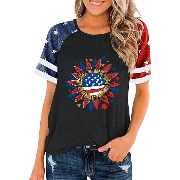Cavosen Red White and Blue Tops for Women Petite 4th of July Short Sleeve Crewneck Tops USA Star Striped Print T Shirts Lady XL Red White and Blue Casual Shirts Patriotic Tunic Tees Patriotic Outfits