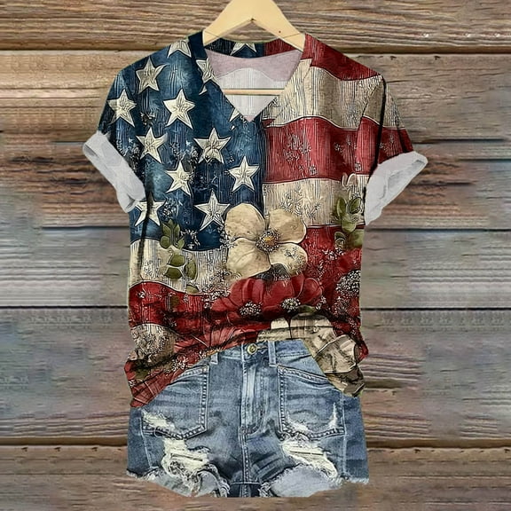 Cavosen Red White and Blue Tops for Women Petite 4th of July Short Sleeve V-Neck Shirts USA Flag Print Shirts Lady M Red White and Blue Casual Tops Funny Patriotic Tunic Tees 2025 Patriotic Blouses