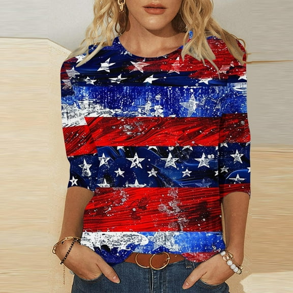 Cavosen Red White and Blue Tops for Women Petite Independence Day 3/4 Sleeve Crewneck Shirts USA Star Striped Graphic Tops Lady L 4th of July Casual T Shirts Red White and Blue Tunic Tees