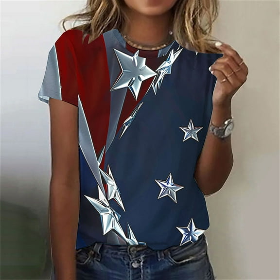 Cavosen Red White and Blue Tops for Women Petite Independence Day Short Sleeve Crewneck Shirts American Flag Graphic Tops Lady S 4th of July Casual T Shirts Red White and Blue Tunic Tees