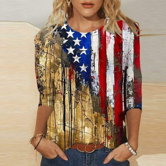 Cavosen Red White and Blue Tops for Women Petite Patriotic 3/4 Sleeve Round Neck Shirts American Flag Print Shirts Lady XL Independence Day Casual Tops 4th of July Tunic Tees 2025 Patriotic Blouses