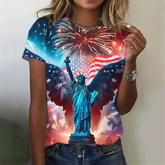 Cavosen Red White and Blue Tops for Women Petite Patriotic Short Sleeve Crew Neck Tops USA Star Striped Print T Shirts Lady XL Independence Day Casual Tops 4th of July Tunic Tees Patriotic Clothes