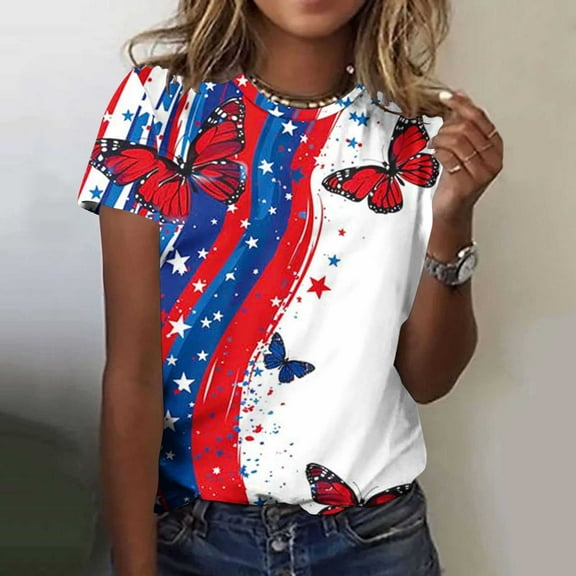 Cavosen Red White and Blue Tops for Women Petite Patriotic Short Sleeve Round Neck Shirts American Flag Print Shirts Lady XL Independence Day Casual Tops 4th of July Tunic Tees Patriotic Blouses