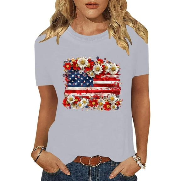 Cavosen Red White and Blue Tops for Women Petite Red White and Blue Short Sleeve Crewneck Shirts American Flag Graphic Tops Lady S Patriotic Casual T Shirts Independence Day Tunic Tees