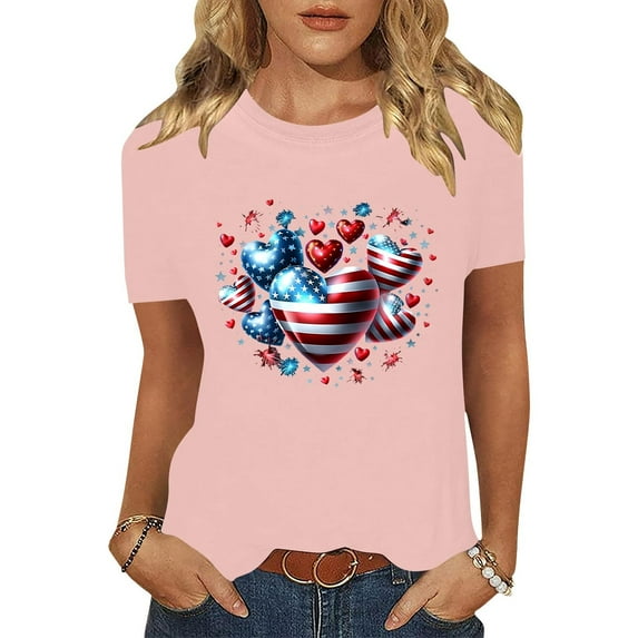 Cavosen Red White and Blue Tops for Women Petite Red White and Blue Short Sleeve Round Neck T Shirts USA Flag Graphic Tops Lady L Patriotic Casual T Shirts Independence Day Tunic Tees