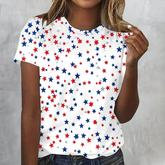 Cavosen Red White and Blue Tops for Women Petite Red White and Blue Short Sleeve Round Neck T Shirts USA Star Striped Graphic Shirts Lady L Patriotic Casual Shirts Independence Day Tunic Tees