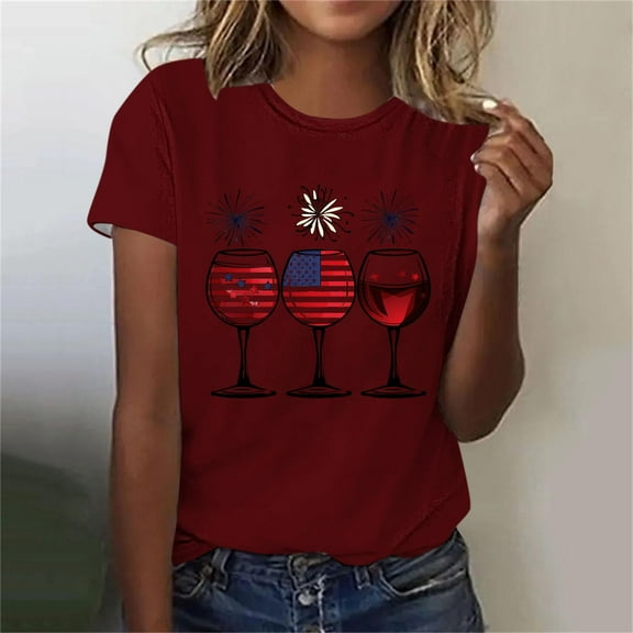 Cavosen Red White and Blue Tops for Women Petite Red White and Blue Short Sleeve Round Neck T Shirts USA Star Striped Graphic Tops Lady L Patriotic Casual T Shirts Independence Day Tunic Tees