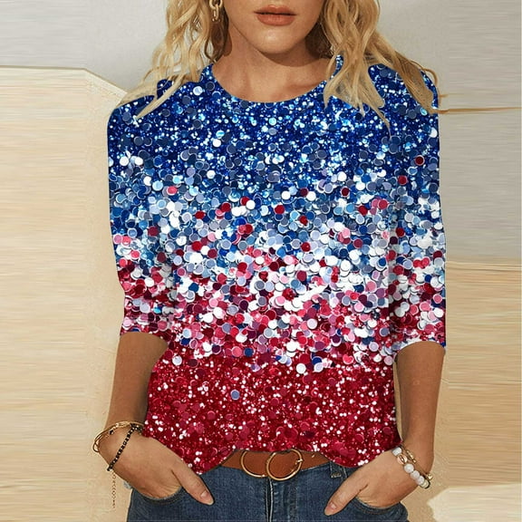 Cavosen Red White and Blue Tops for Women Plus Size 4th of July 3/4 Sleeve Crew Neck Tops American Flag Print T Shirts Lady 2X Red White and Blue Casual Shirts Patriotic Tunic Tees Patriotic Outfits