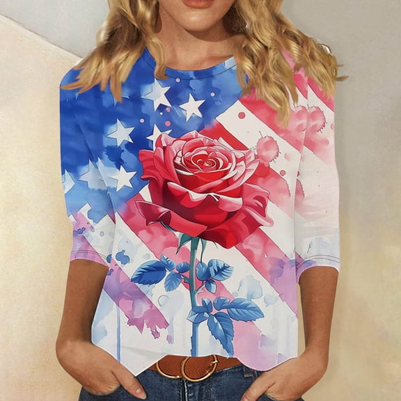 Cavosen Red White and Blue Tops for Women Plus Size 4th of July 3/4 Sleeve Round Neck Shirts USA Star Striped Print Shirts Lady 5X Red White and Blue Casual Tops Patriotic Tunic Tees