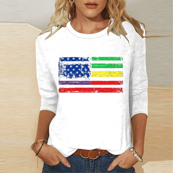 Cavosen Red White and Blue Tops for Women Plus Size 4th of July 3/4 Sleeve Round Neck Tops USA Star Striped Print T Shirts Lady 2X Red White and Blue Casual Tops Patriotic Tunic Tees