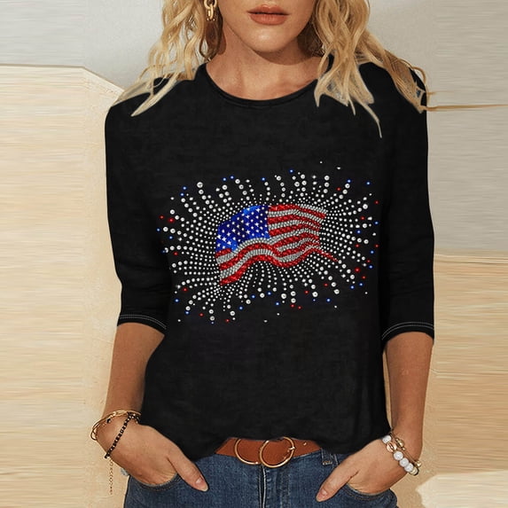 Cavosen Red White and Blue Tops for Women Plus Size Independence Day 3/4 Sleeve Crew Neck T Shirts USA Flag Graphic Tops Lady 3X 4th of July Casual T Shirts Red White and Blue Tunic Tees