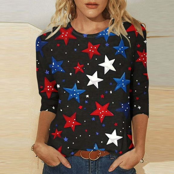 Cavosen Red White and Blue Tops for Women Plus Size Patriotic 3/4 Sleeve Crewneck Shirts USA Flag Print Shirts Lady 2X Independence Day Casual Tops Funny 4th of July Tunic Tees 2025 Patriotic Blouses