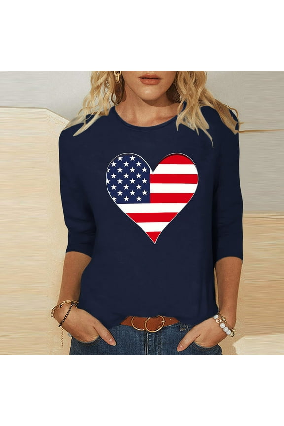 Red White and Blue Tops for Women Plus Size Red White and Blue 3/4 Sleeve Crewneck T Shirts USA Flag Graphic Tops Lady 2X Patriotic Casual T Shirts Independence Day Tunic Tees