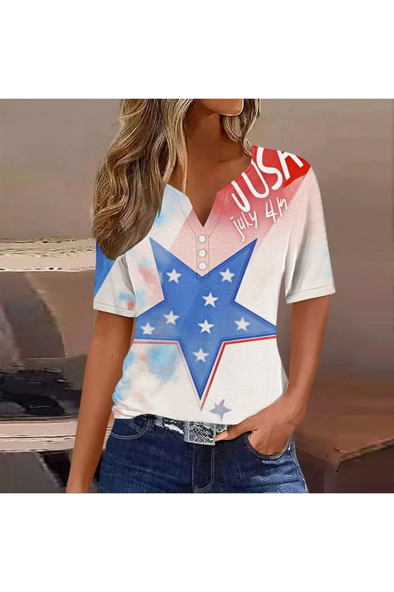 Red White and Blue Tops for Women Plus Size Red White and Blue Short Sleeve V Neck T Shirts USA Star Striped Graphic Shirts Lady 2X Patriotic Casual Shirts Independence Day Tunic Tees