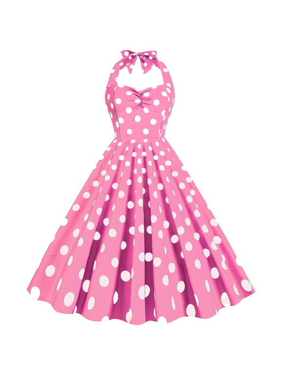 Retro 1950S Dress Womens Pink Sleeveless 1950S Dress Midi Vintage Retro Ruched Pleated A-Line Dresses Polka Dots Casual Dress Halter Neck Dress Loungewear Leisure Clothes M