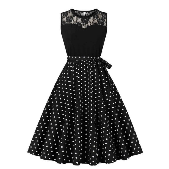 Cavosen Retro Dresses for Women 1950 Sleeveless Vintage Polka Dots Knee Length Tea Dress Midi A Line Dress Lace Patchwork Round Neck Party Gown Bowknot Belt Cocktail Fit and Flare Dress