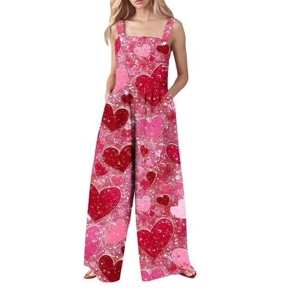 Cavosen Rompers for Women Valentines Oversized Linen Jumpsuits Button Long Overalls with Pocket Heart Summer Casual Rompers
