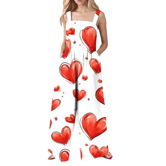 Cavosen Rompers for Women Valentines Oversized Linen Jumpsuits Button Long Overalls with Pocket Heart Summer Cute Rompers