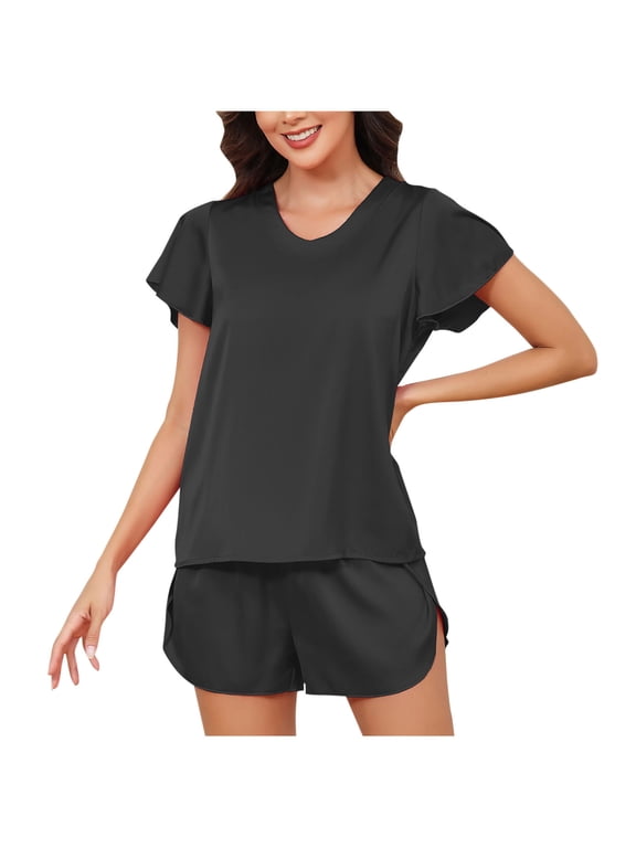 Ruffle Pajama Set 2 Piece Trendy Short Sleeve Sleepwear Shorts Solid Lightweight Loungewear Summer Comfortable Matching Set