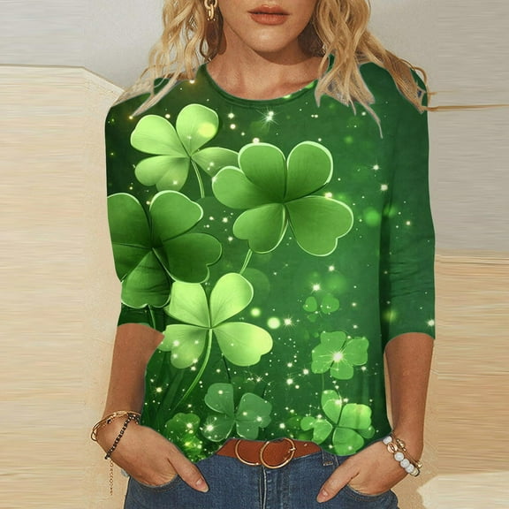 Cavosen Saint Patrick Day 3/4 Length Sleeve Blouses for Women Festival Shamrock Green Print Shirts Pullover Round Neck Holiday Tops Irish Vacation Fashion Tees Dressy Blouse XL